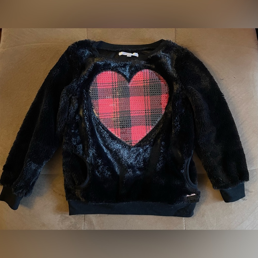 Tahari Girls 6 sweater furry sequin heart plaid holiday red black soft sleeve